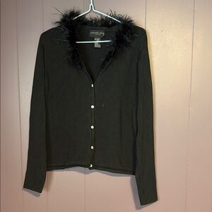 Vintage 90s Black Silk Cardigan with Feather Trim Size MP